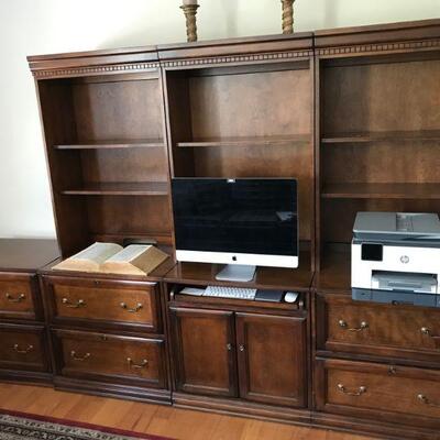 4 Pcs Mahogany Office Credenza set    Bookcase tops remove for easy hauling, set up for computer and components and filling cabinet. Each...