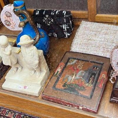 Christina Sabatini hand bags, figurines, vase, Madonna and child icon 