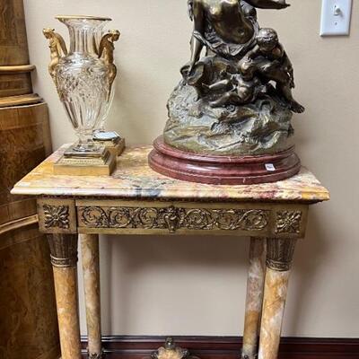 Bronze figurine, Lead crystal vase, Marble table 