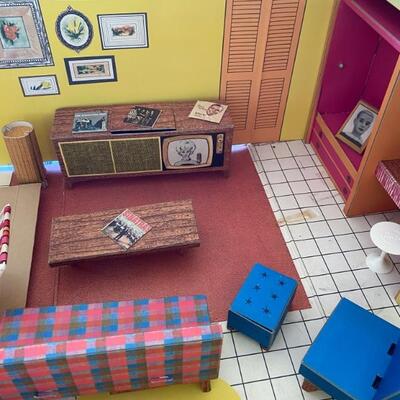 Vintage Barbie Dream House Furniture. Cardboard Couch, Stereo, Records, Chair Ottoman, Bed