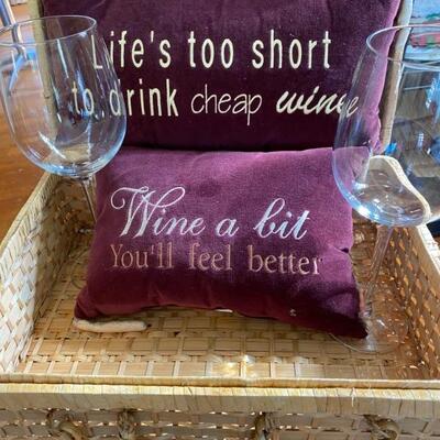 Sentiment Pillows, LARGE Crystal Wine Glasses 