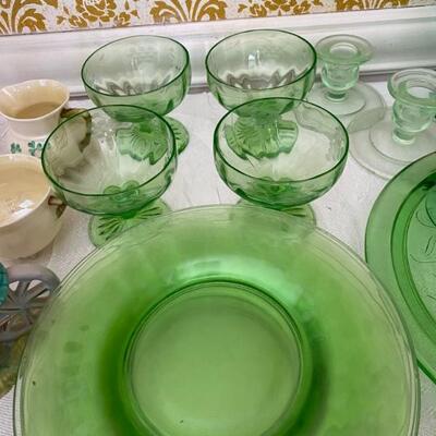 Vintage Vaseline Glass Dessert Plates, Sherbet Cups