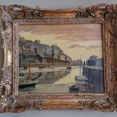 Harbor Oil on Canvas, Overstated Ornate Gold Frame