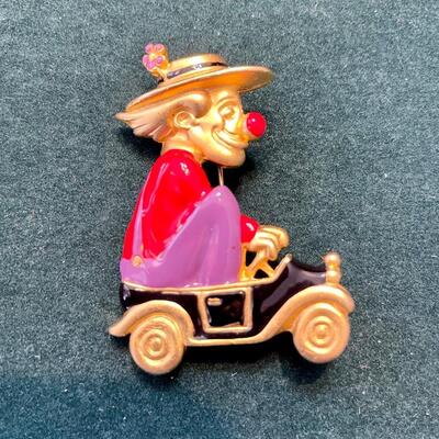Danecraft gold with enamel clown riding car brooch