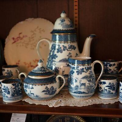 English blue willow coffee service.