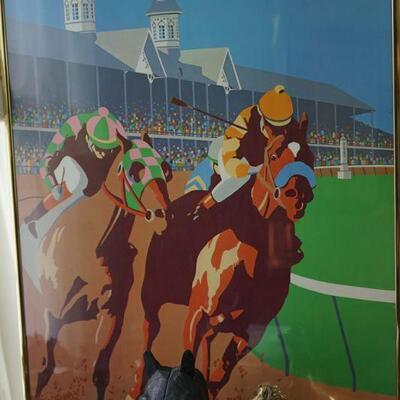 framed Kentucky Derby posters and also large collection of Kentucky Derby glasses. 
