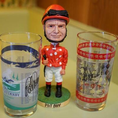 Pat Day bobblehead and two signed Derby glasses by Day