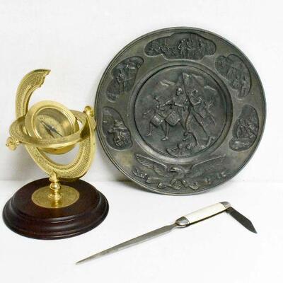 Vintage Brass Compass Pewter Plate +