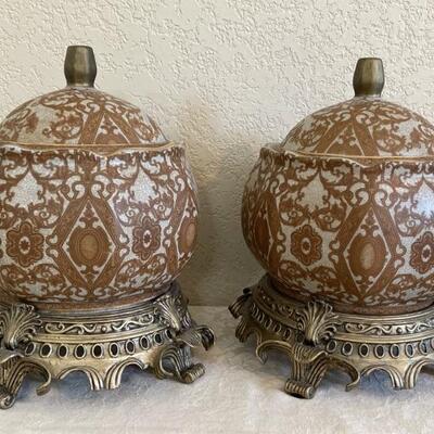Pair of Asian Lidded Jars, atttached to bases