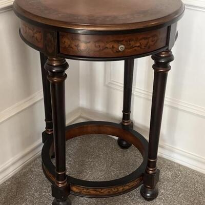 Round Accent Table: Drawer, Engraved Floral Design