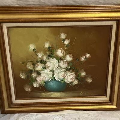 White Roses Signed Oil on Canvas in Gold Frame
