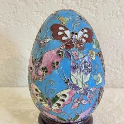 Asian Enameled Cloisonné Egg on Stand, 5.5in