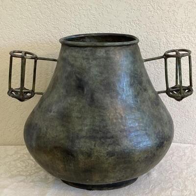Green Aged Patina Metal Container / Handled Vessel