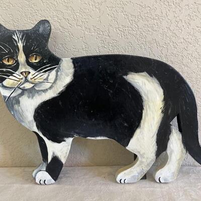 Hand Painted Black & White Cat Standing Plaque 1/2