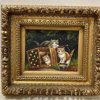 Oil Painting of Cats in Heavy Gilt Gold Frame