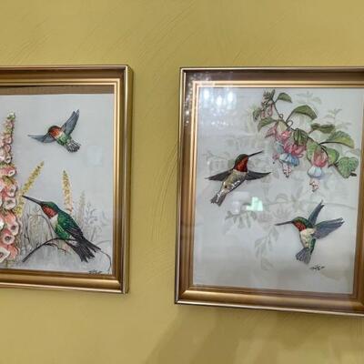 Pair 3-D framed hummingbirds $24