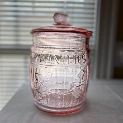 Pink Depression Planters Peanuts counter jar $60