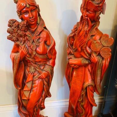 TALL UNUSUAL CHINESE CINNABAR ORIGINAL FIGURINES