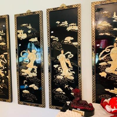 BEAUTIFUL BLACK LACQUER AND MOTHER OF PEARL WALL HANGER ART