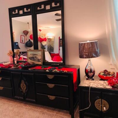 BEAUTIFUL BLACK LACQUER DRESSER WITH MIRROR AND MATCHING NIGHT STAND--PART OF AN ENTIRE SET