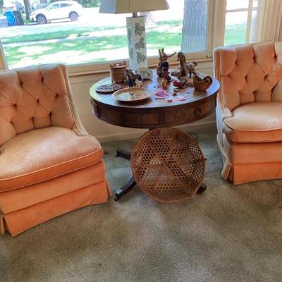 Vintage Tufted Slipper Chairs, Drum Table