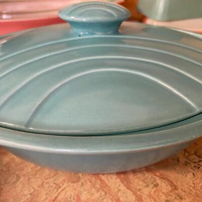 1957 Miramar of CA Oval Turquoise Covered Dish 