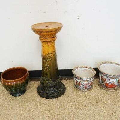 1212	LOT 2 ASIAN STYLE JARDINIERES, MAJOLICA STYLE POT & MAJOLICA STYLE PEDESTAL, PEDISTAL IS APPROXIMATELY 27 IN HIGH
