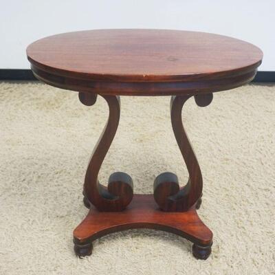 1155	VICTORIAN MAHOGANY OVAL LAMP TABLE WITH SCROLLED LYRE BASE, APPROXIMATELY 28 IN X 19 IN X 29 IN HIGH
