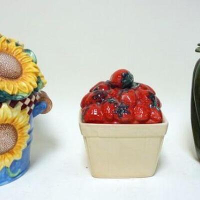 1082	LOT OF 3 COOKIE JARS, SUNFLOWER, STRAWBERRY AND PEPPER. LARGEST APPROXIMATELY 12 IN HIGH
