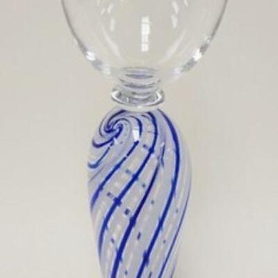 1105	LARGE HAND BLOWN GOBLET WITH BLUE AND WHITE SWIRL STEM. SIGNED ON BASE, APPROXIMATELY 12 IN HIGH
