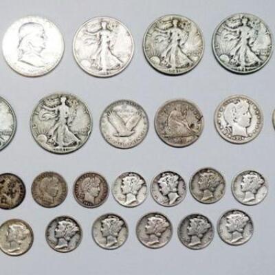 1244	LOT OF US SILVER COINS INCLUDING 3 FRANKLIN HALVES, 8 WALKING LIBERTYS AND 5 QUARTERS INCLUDING A FLYING EAGLE WITH DATE ILLEGIBLE...