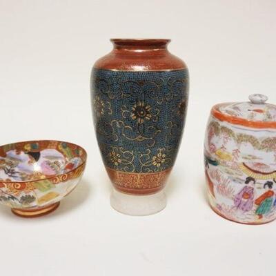1024	ASIAN CHINA LOT INCLUDING SATSUMA BOWL, COVERED JAR & VASE, LARGEST IS APPROXIMATELY 7 3/4 IN HIGH
