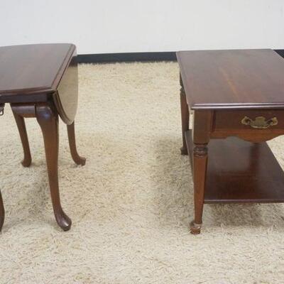 1138	2 MAHOGANY AND CHERRY LAMP OR END TABLES, ONE WITH DROP LEAVES. SOME FINISH WEAR ON TOPS, LARGEST APPROXIMATELY 19 IN X 29 IN X 23...