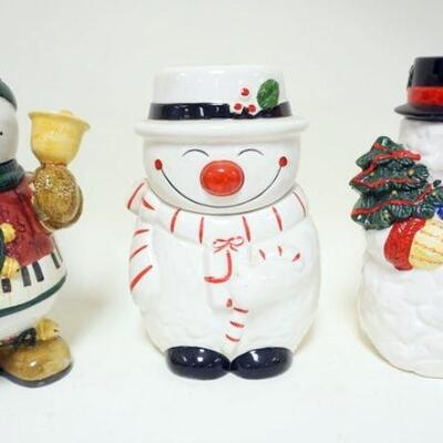 1075	LOT OF 3 SNOWMAN COOKIE JARS, TALLEST APPROXIMATELY 13 1/2 IN HIGH
