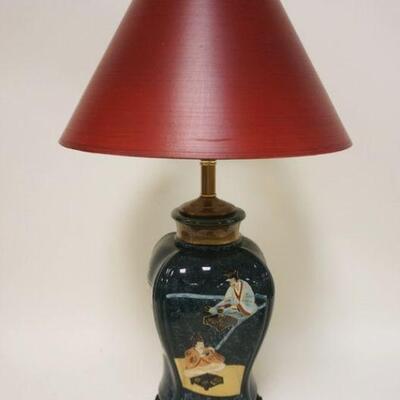 1225	ASIAN STYLE TABLE LAMP ON WOOD BASE, APPROXIMATLEY 30 IN HGIH
