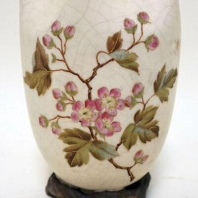 1104	CARLSBAD VASE WITH FLORAL DECORATIONS AND TWIG FORM BASE, APPROXIMATELY 8 IN HIGH
