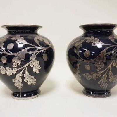 1015	PAIR OF DARK COLBALT VASES W/SILVER OVERLAY, ACORN DESIGN THROUGHOUT, APPROXIMATELY 9 IN HIGH
