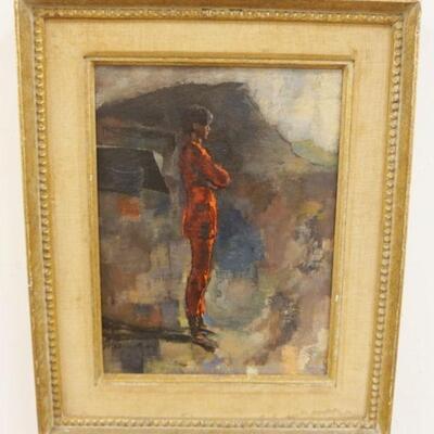 1127	OIL PAINTING ON BOARD , PORTRAIT, SIGNED. OVERALL APPROXIMATELY 18 IN X 22 IN
