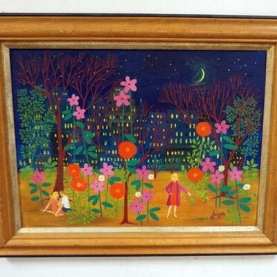 1110	OIL PAINTING ON CANVAS, FOLK ART EVENING PARK SCENE, ARTIST SIGNED TARNOSKI 1967. OVERALL APPROXIMATLEY 24 IN X 30 IN

