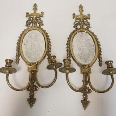1232	PAIR OF BRASS MIRROR CANDLE SCONCES W/FLAMING URN CREST, 23 1/2 IN HIGH X 10 IN WIDE
