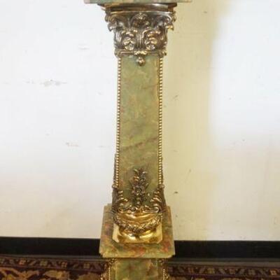 1157	VICTORIAN ONYX PEDESTAL ON BRONZE CLAW FEET AND BRONZE COLLAR WITH TRIM, APPROXIMATELY 12 SQUARE X 44 IN HIGH

