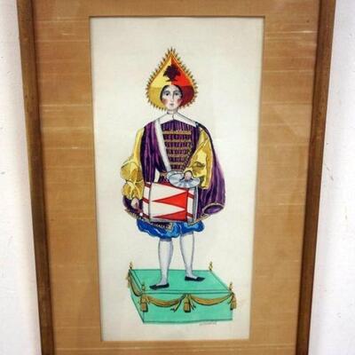 1114	ARTIST SIGNED WATER COLOR OF JESTER LIKE FIGURE PLAYING DRUM AND CYMBLE IN STAND, APPROXIMATELY 16 IN X 27 IN
