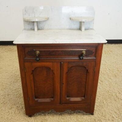 1208	VICTORIAN MARBLE TOP WASH STAND W/BURL FRONT DRAWER, APPROXIMATELY 26 IN X 14 IN X 38 IN HIGH
