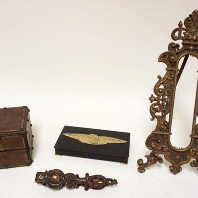 1261	LOT INCLUDING VICTORIAN BRASS FRAME, BRASS DOUBLE NUTCRACKER, CIGARETTE BOX AND LEATHER CARD BOX
