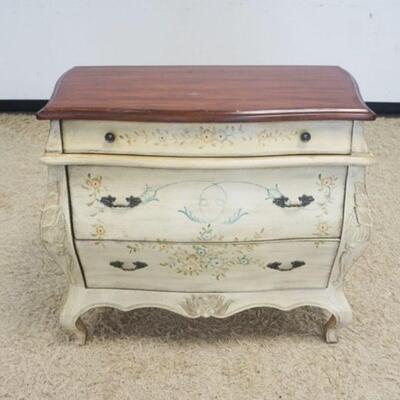 1168	PAINT DECORATED 3 DRAWER BOMBE CHEST, APPROXIMATELY 35 IN X 17 IN X 33 IN HIGH
