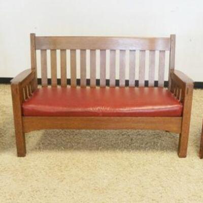 1147	OAK 3 PIECE ARTS AND CRAFTS MISSION STYLE SETTEE BENCH WITH 2 ARM CHAIRS

