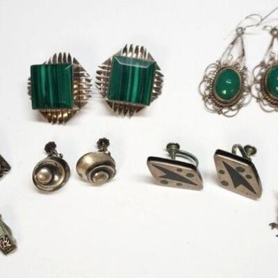 1263	LOT 8 PAIRS OF STERLING SILVER EARRINGS INCLUDING 2 PAIR WITH MALACHITE STONE, 1 PAIR MISSING PIN BACKS
