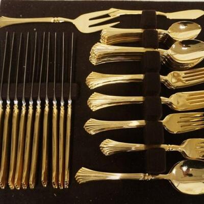 1035	REED & BARTON FLATWARE SET, SERVICE FOR 12, STAINLESS STEEL PLATED W/24K GOLD
