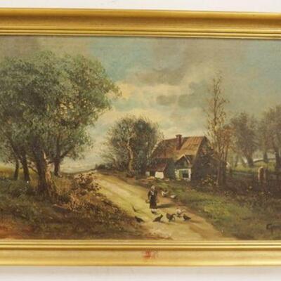 1108	OIL PAINTING ON CANVAS, COUNTRY SCENE. WOMAN WALKING DOWN COUNTRY ROAD WITH COTTAGE AND CHICKENS IN BACK GROUND, SIGNED. OVERALL...