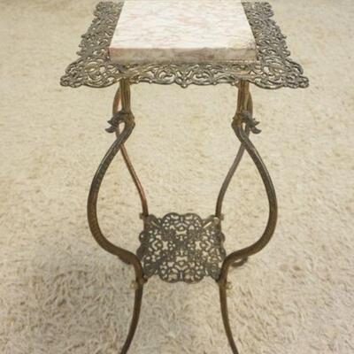 1156	ORNATE BRASS VICTORIAN PARLOR TABLE WITH INSET MARBLE TOP, APPROXIMATELY 13 IN SQUARE X 31 IN HIGH
